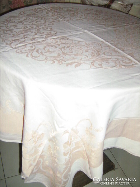 Beautiful vintage peach pink baroque leaf pattern damask tablecloth