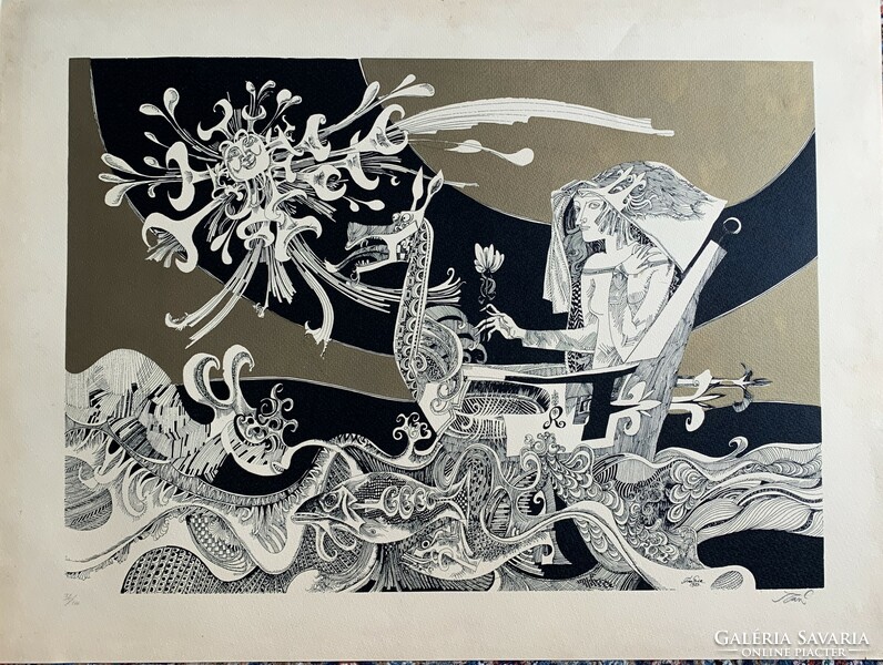 Endre Szász's (1926-2003) huge screen print entitled Dragon Boat (1983) /47x67 cm/
