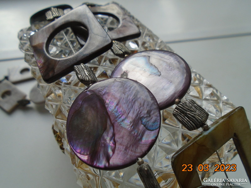 Art Deco 5 árnyalatú Abalone nyakék geometriai formájú lapos gyöngyökből ezüstös köztes gyöngyökkel