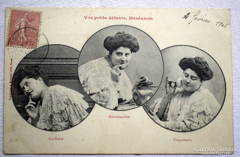 Antik humoros fotó montázs képeslap hölgyek hibái A Kiváncsiság A Torkosság A Hiúság hölgye