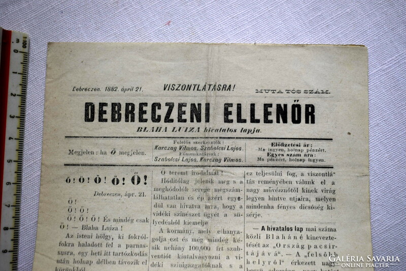 Debrecen inspector Blaha Lujza's official newspaper, 1882 Apr 21, attractive issue, front cover, newspaper, rare