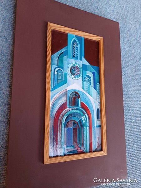 Mária Béni's special fire enamel work in a wooden frame.