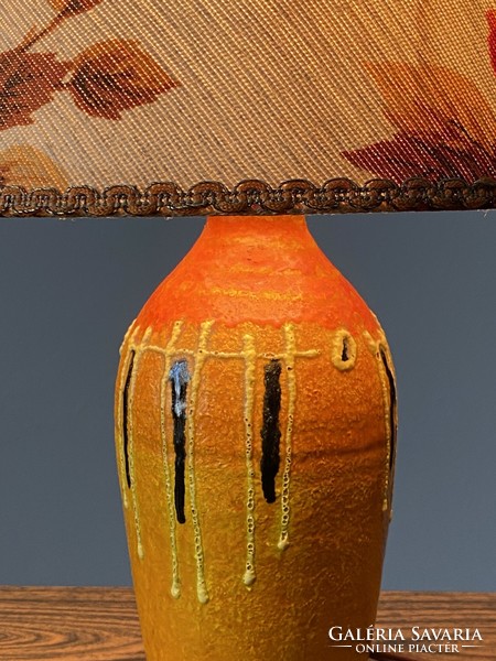 Orange retro ceramic lamp base with floral shade