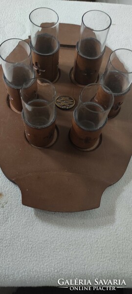 6 Personal schnapps/short drink set with leather cup holders and tray