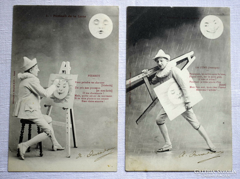 2 pieces of antique humorous photo postcard Pierrot paints the moon and is washed away by the rain