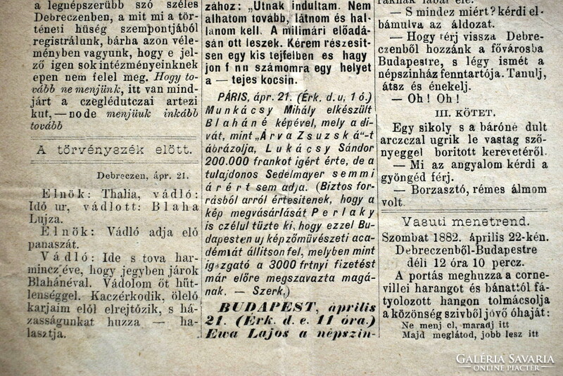 Debrecen inspector Blaha Lujza's official newspaper, 1882 Apr 21, attractive issue, front cover, newspaper, rare