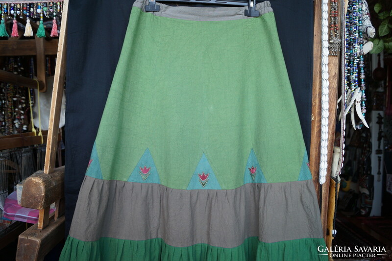 Green, Brown, Tulip, Flared Down, Women's Long Summer Skirt, Size L, Cotton Canvas, Zippered