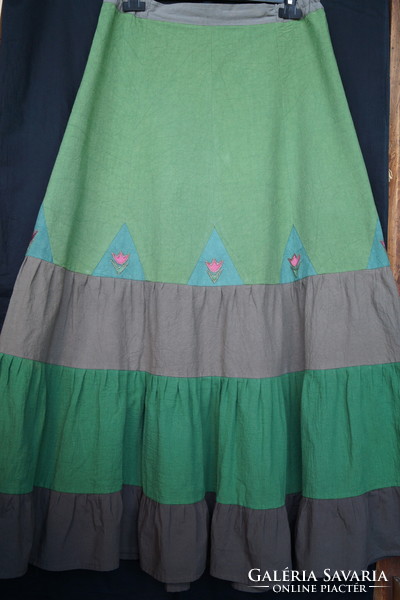 Green, Brown, Tulip, Flared Down, Women's Long Summer Skirt, Size L, Cotton Canvas, Zippered
