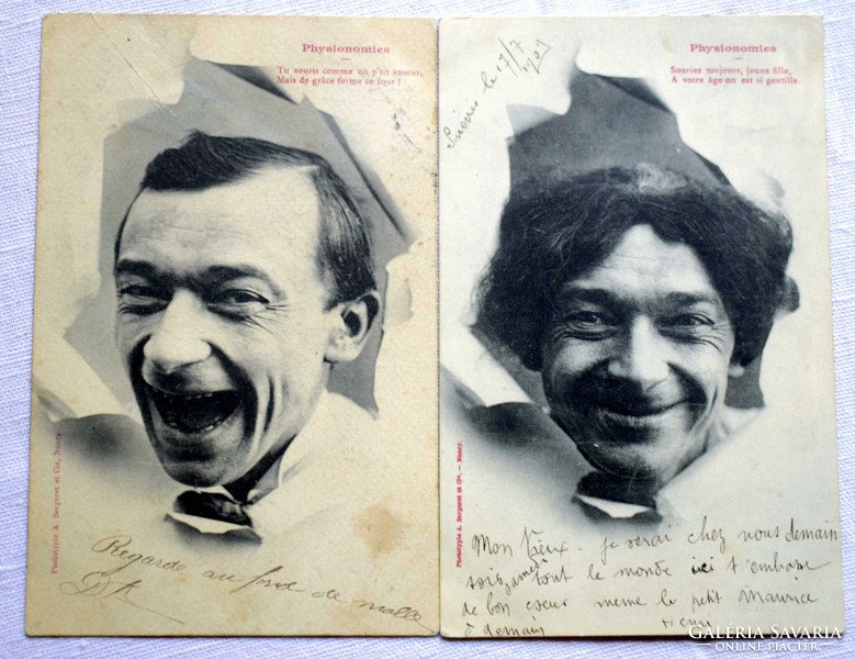 2 Pieces of antique humorous portrait photo postcard grotesque face