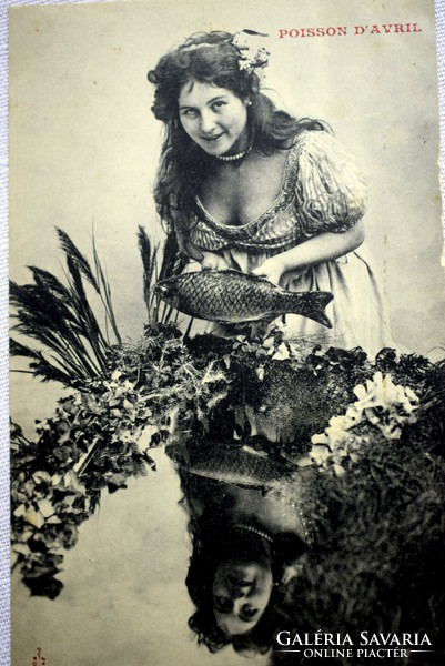 Antique photo postcard with cheerful lady fish