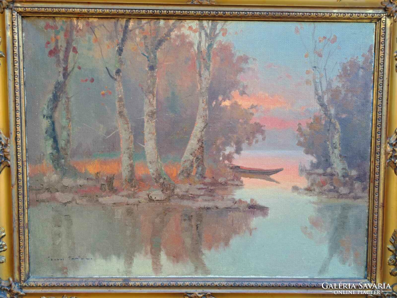 Marked Csaba ribbon László Tisza landscape with sunset and boat oil canvas painting