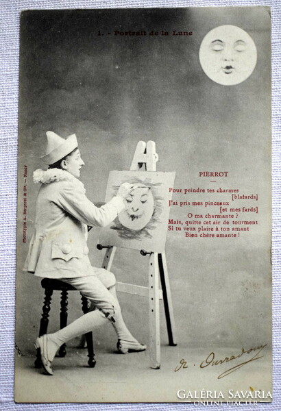 2 pieces of antique humorous photo postcard Pierrot paints the moon and is washed away by the rain