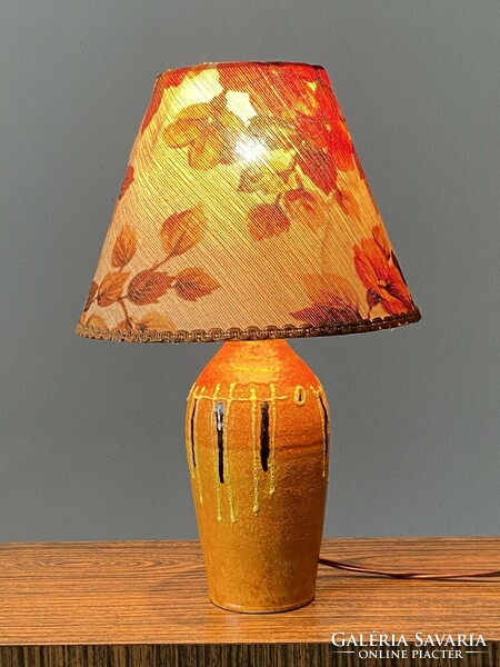 Orange retro ceramic lamp base with floral shade