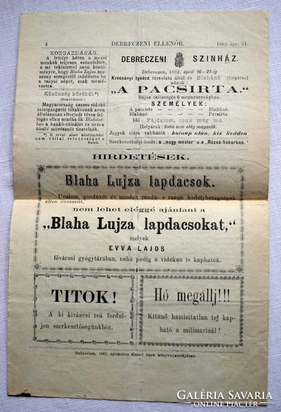Debrecen inspector Blaha Lujza's official newspaper, 1882 Apr 21, attractive issue, front cover, newspaper, rare