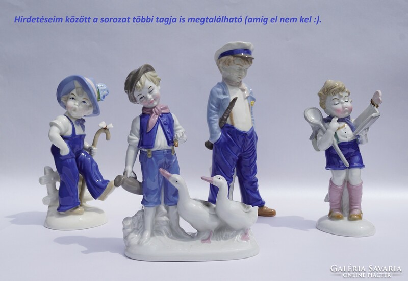 Német porcelán figura GDR Lippelsdorf Hilla Peyk ludakat etető kisfiú