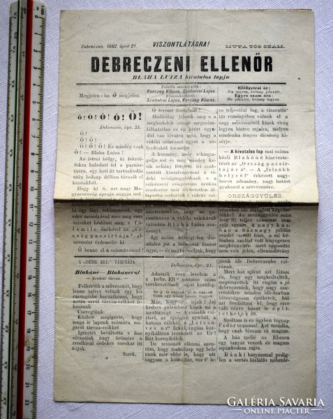 Debrecen inspector Blaha Lujza's official newspaper, 1882 Apr 21, attractive issue, front cover, newspaper, rare