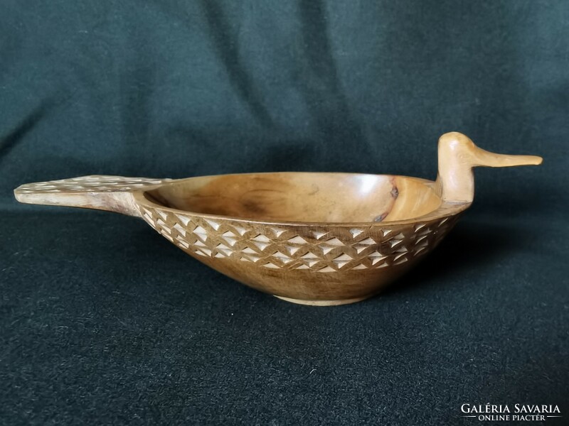 Vintage hand-carved Scandinavian bird-shaped hardwood bowl and bowl
