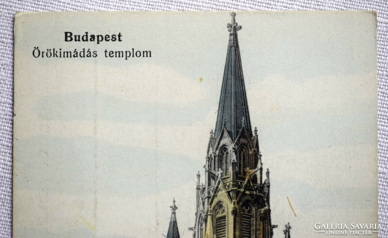 Antique litho postcard Budapest Perpetual Worship Church with Hungarian tricolor flag around 1910