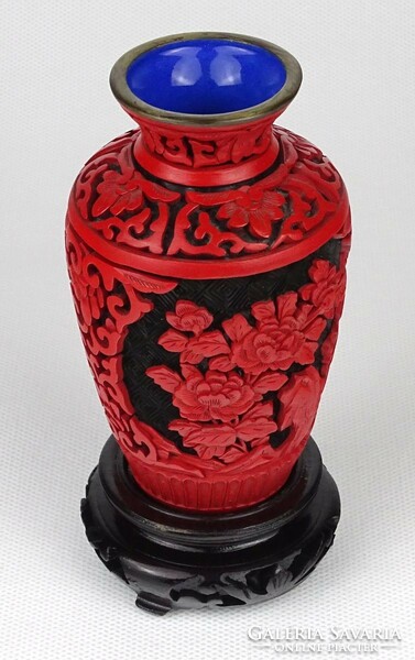 1N122 old red cinnabar oriental fire enamel vase 12.5 Cm