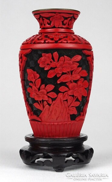 1N122 old red cinnabar oriental fire enamel vase 12.5 Cm