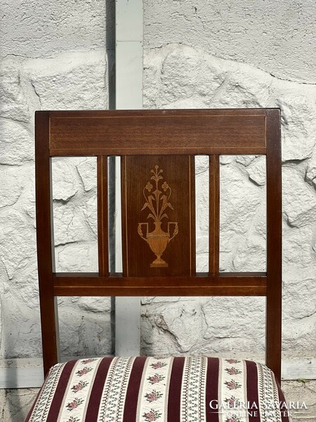 Six antique inlaid upholstered chairs in one