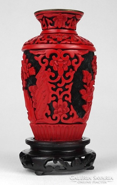 1N122 old red cinnabar oriental fire enamel vase 12.5 Cm