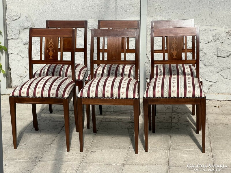 Six antique inlaid upholstered chairs in one