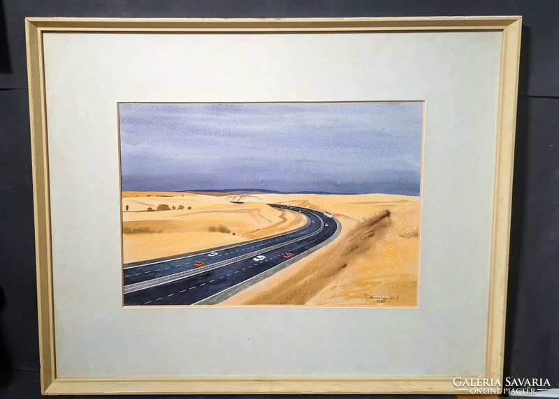 József Dobroszláv: highway, 1986 - social real watercolor, rare subject - roads, transport