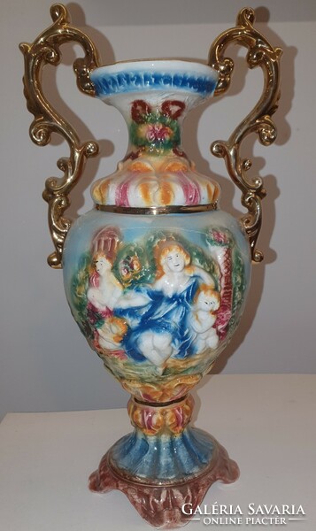 Porcelain faience two-handled vase, with plastic decoration, marked made in Italy, 37 cm high!