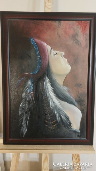 (K) Mucsi Zoltán indián lány festmény 48x68 cm kerettel