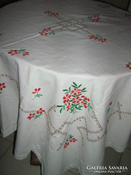 Beautiful antique hand-embroidered floral white linen tablecloth