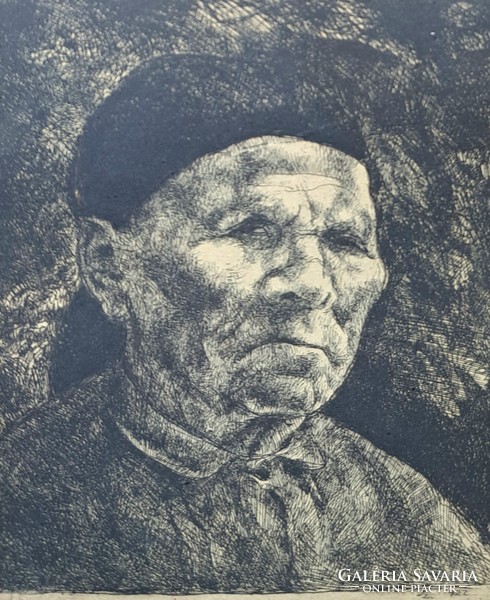 István Szőnyi: old woman (etching) signed