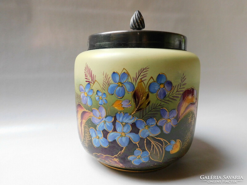 Antique william wood & co earthenware biscuit container with violet pattern (1880-1915)