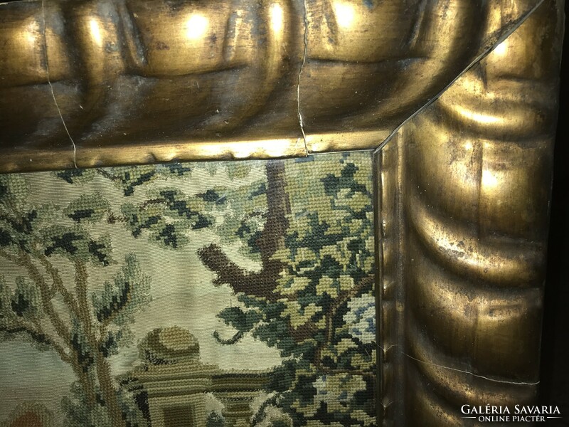 XIX .század végi többféle öltési tipusú antik gobelin kép szép keretével