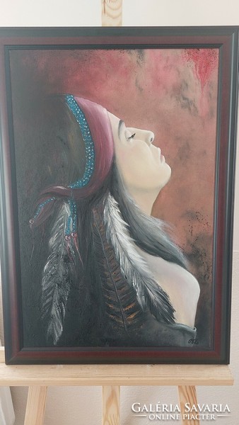 (K) Mucsi Zoltán indián lány festmény 48x68 cm kerettel