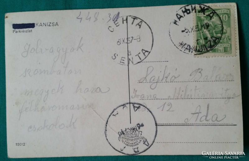 Szerbia, Magyarkanizsa /Zenta, Parkrészlet, használt képeslap, 1957