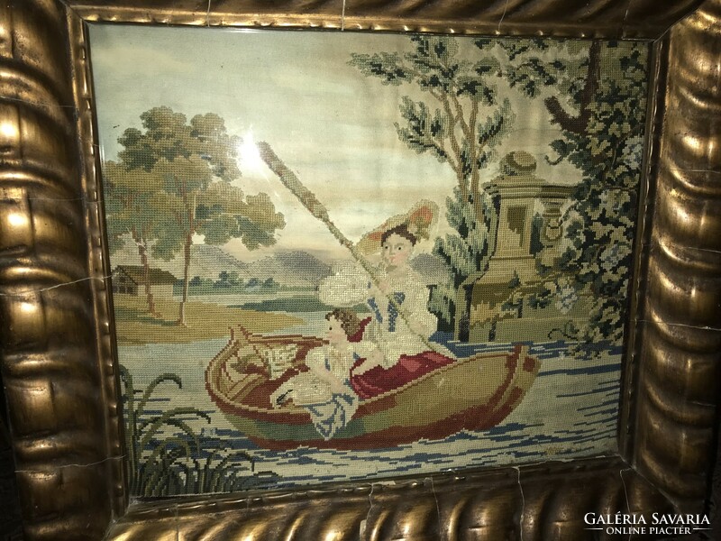 Late 19th century antique tapestry picture with several stitch types with a beautiful frame