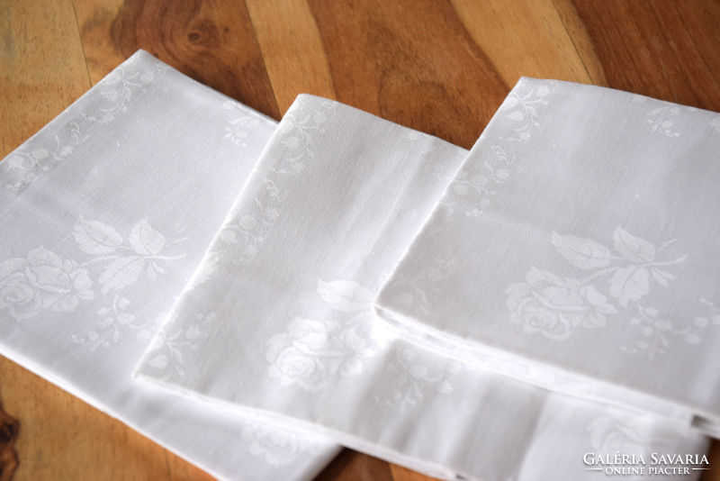 Never used old art deco damask napkin tea towel tablecloth set rose 3 pcs 59 x 57
