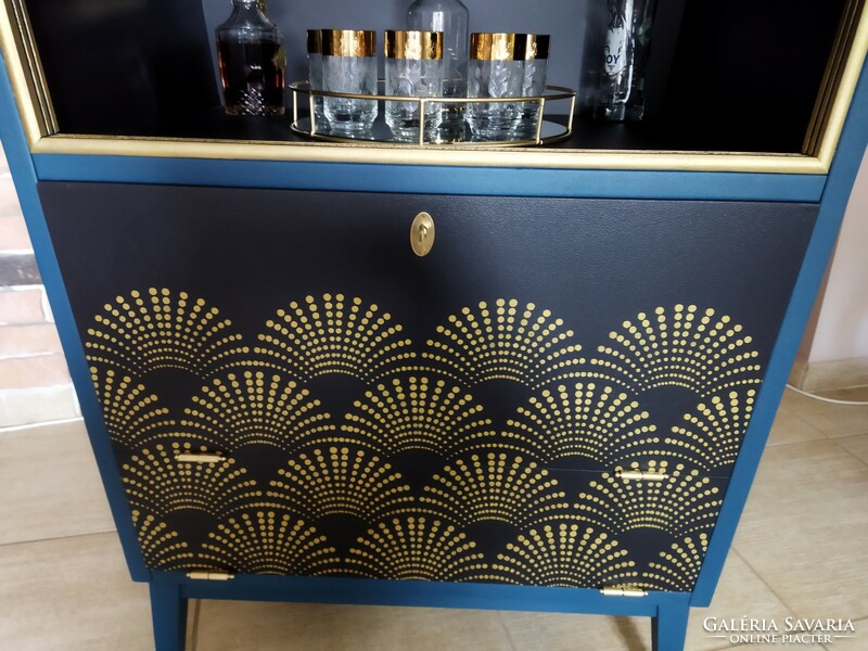 Dark blue-black-gold retro bar cabinet with art deco inspiration