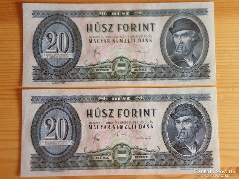 20 HUF from the year 1980, serial number tracking, unfolded