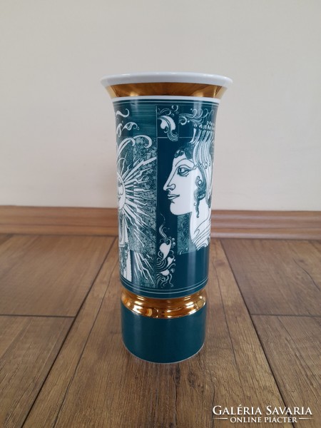 Ritka zöld Hollóházi Szász Endre porcelán váza