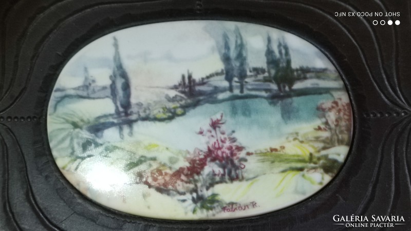 Fábián rózza Hólloháza porcelain picture in a leather frame lakeside hills 5. Marked original wall decoration