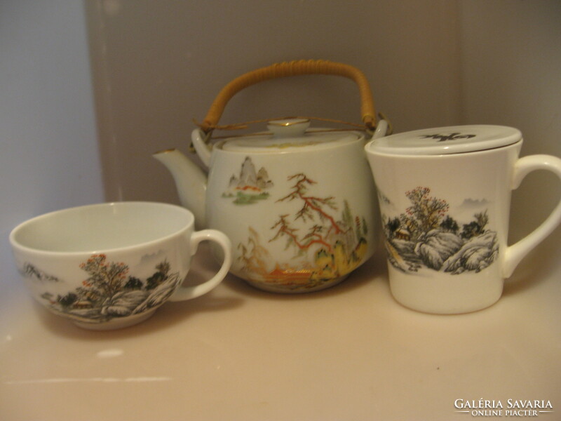 Japanese otagiri landscape gilded teapot with Chinese lid, filter tea mug and cup