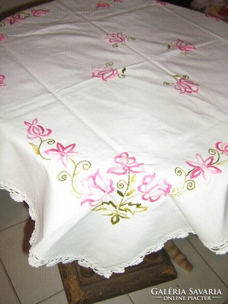 Beautiful hand-embroidered crochet edge needlework tablecloth