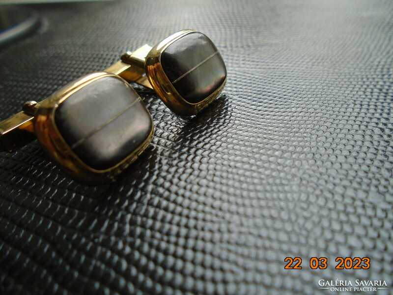 Gold-plated cuff with abalone insert and silver stripe