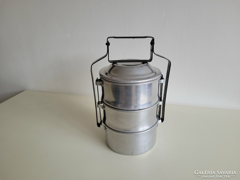 Old retro 3-part large aluminum food barrel with food