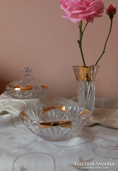 Art deco Anna Hütte kristályok (váza, kínáló, bonbonier) vastag arany ďíszítéssel