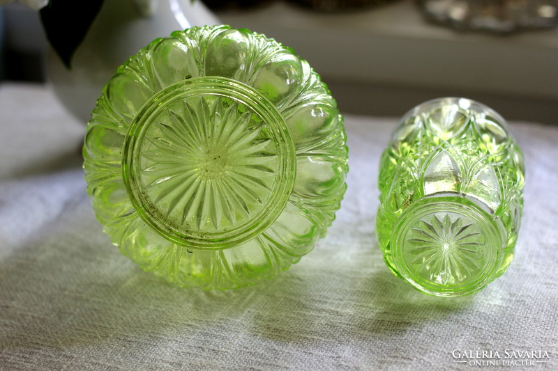 Antique uranium glass, uranium green Belgian val saint lambert water bottle with glass, sturzglas, for bedside table