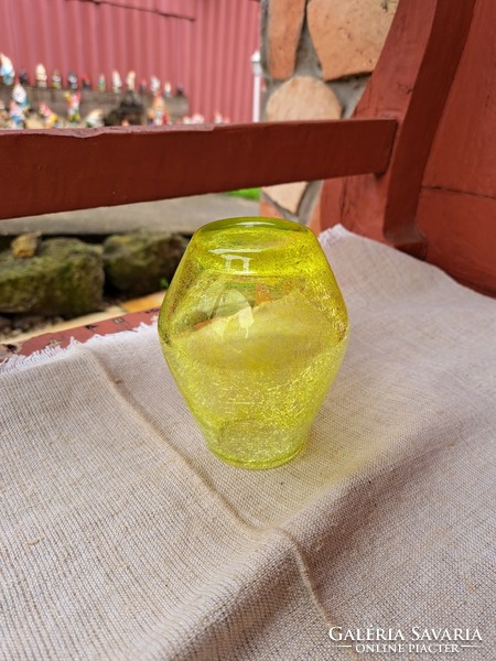 Retro sárga repesztett Gyönyörű  Fátyolüveg fátyol karcagi berekfürdői üveg váza