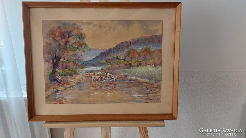 (K) old watercolor painting with Bereg signature, 62x49 cm frame